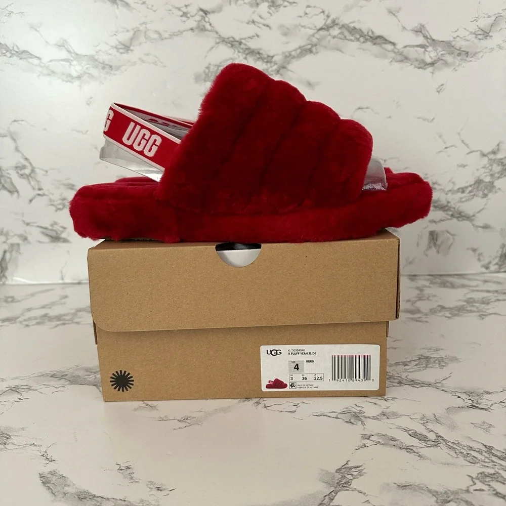 UGG Fluff Yeah Ruby Red Slide Slippers Shoes - Picture 7 of 9